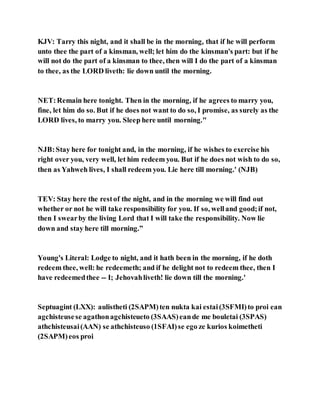 KJV: Tarry this night, and it shall be in the morning, that if he will perform
unto thee the part of a kinsman, well; let him do the kinsman's part: but if he
will not do the part of a kinsman to thee, then will I do the part of a kinsman
to thee, as the LORD liveth: lie down until the morning.
NET:Remain here tonight. Then in the morning, if he agrees to marry you,
fine, let him do so. But if he does not want to do so, I promise, as surely as the
LORD lives, to marry you. Sleep here until morning."
NJB:Stay here for tonight and, in the morning, if he wishes to exercise his
right over you, very well, let him redeem you. But if he does not wish to do so,
then as Yahweh lives, I shall redeem you. Lie here till morning.' (NJB)
TEV: Stay here the restof the night, and in the morning we will find out
whether or not he will take responsibility for you. If so, welland good;if not,
then I swearby the living Lord that I will take the responsibility. Now lie
down and stay here till morning.”
Young's Literal: Lodge to night, and it hath been in the morning, if he doth
redeem thee, well: he redeemeth; and if he delight not to redeem thee, then I
have redeemedthee -- I; Jehovahliveth! lie down till the morning.'
Septuagint (LXX): aulistheti (2SAPM)ten nukta kai estai(3SFMI)to proi ean
agchisteusese agathonagchisteueto (3SAAS)eande me bouletai (3SPAS)
athchisteusai(AAN) se athchisteuso (1SFAI)se ego ze kurios koimetheti
(2SAPM)eos proi
 