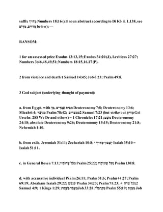 suffix ‫,א‬‫ג‬‫הּו‬ ַ‫ה‬ Numbers 18:16 (all noun abstractaccording to Di Kö ii. 1,138, see
‫ג‬ֵ‫ג‬ ַ‫ה‬ ְּ‫ה‬,‫ג‬ְּ‫הּוג‬ ַ‫ה‬ below);—
RANSOM:
1 for an assessedprice Exodus 13:13,15;Exodus 34:20 (J), Leviticus 27:27;
Numbers 3:46,48,49,51;Numbers 18:15,16,17(P).
2 from violence and death 1 Samuel 14:45;Job 6:23; Psalm 49:8.
3 God subject (underlying thought of payment):
a. from Egypt, with ִ ְּ‫,ה‬ ‫גג‬ ְּ‫ה‬ ,‫ֶּר‬‫ע‬ ‫גג‬ ֹּ‫ה‬ ְּ‫ה‬ Deuteronomy7:8; Deuteronomy 13:6;
Micah6:4; ‫כ‬ ,‫נ‬ִּ‫ג‬ְּ ְּ‫ה‬ Psalm78:42; ‫2ההִּכגג‬ Samuel 7:23 (but strike out ,‫גג‬ ְּ‫ה‬ ,‫ה‬ Gei
Urschr. 288 We Dr and others) = 1 Chronicles 17:21;‫ג‬ ,‫ש‬ ְּ‫ה‬ Deuteronomy
24:18;absolute Deuteronomy9:26; Deuteronomy 15:15;Deuteronomy 21:8;
Nehemiah 1:10.
b. from exile, Jeremiah 31:11;Zechariah 10:8; ‫ג‬ ‫ֹּג‬‫ד‬‫הּו‬ ַ‫רּוִ׳ה‬ַָֻּ‫ג‬ Isaiah35:10 =
Isaiah51:11.
c. in GeneralHosea 7:13;‫גא‬ ,‫ג‬ֵ‫כא‬ ,ִּ ‫ֵָא‬ ְּ‫ה‬ Psalm25:22; ‫גא‬ ,‫ג‬ֵ‫א‬ ֵ‫ֶּא‬‫ע‬ ‫ֵָא‬ ְּ‫ה‬ Psalm130:8.
d. with accusative individual Psalm26:11; Psalm31:6; Psalm 44:27;Psalm
69:19;Abraham Isaiah29:22; ָּ‫א‬ ‫׳א‬ Psalm 34:23;Psalm71:23; + ‫ִּכג‬ ‫2הרא‬
Samuel 4:9; 1 Kings 1:29; ‫ג‬ ַ‫ה‬ ְּ ,‫ש‬ ַ‫ה‬ ‫כ‬ֵ‫ֶּר‬‫ע‬ ֹּ‫ה‬Job33:28;‫ג‬ ְּ‫נ‬‫רא‬ ,‫כ‬ ַ ְּ‫ה‬ Psalm55:19; ‫אג‬‫א‬ ,‫ה‬ ְּ‫ה‬ Job
 
