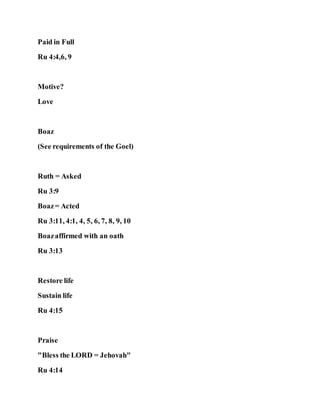 Paid in Full
Ru 4:4,6, 9
Motive?
Love
Boaz
(See requirements of the Goel)
Ruth = Asked
Ru 3:9
Boaz= Acted
Ru 3:11, 4:1, 4, 5, 6, 7, 8, 9, 10
Boazaffirmed with an oath
Ru 3:13
Restore life
Sustain life
Ru 4:15
Praise
"Bless the LORD = Jehovah"
Ru 4:14
 