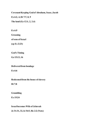 CovenantKeeping Godof Abraham, Isaac, Jacob
Ex 6:2, 4, Dt 7:7, 8, 9
The land (Ge 12:1, 2, 3,4)
Ex 6:5
Groaning
of sons of Israel
(cp Ex 2:23)
God's Timing
Ge 15:13, 16
Deliveredfrom bondage
Ex 6:6
Redeemedfrom the house of slavery
Dt 7:8
Grumbling
Ex 15:24
Israelbecomes Wife of Jehovah
Je 31:31, 32, Is 54:5, Ho 2:2 (Note)
 