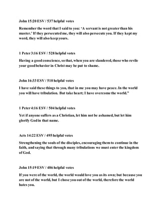 John 15:20 ESV / 537 helpful votes
Remember the word that I said to you: ‘A servant is not greaterthan his
master.’ If they persecutedme, they will also persecute you. If they kept my
word, they will also keepyours.
1 Peter3:16 ESV / 528 helpful votes
Having a goodconscience, so that, when you are slandered, those who revile
your goodbehavior in Christ may be put to shame.
John 16:33 ESV / 510 helpful votes
I have said these things to you, that in me you may have peace. In the world
you will have tribulation. But take heart; I have overcome the world.”
1 Peter4:16 ESV / 504 helpful votes
Yet if anyone suffers as a Christian, let him not be ashamed, but let him
glorify Godin that name.
Acts 14:22 ESV / 495 helpful votes
Strengthening the souls of the disciples, encouraging them to continue in the
faith, and saying that through many tribulations we must enter the kingdom
of God.
John 15:19 ESV / 486 helpful votes
If you were of the world, the world would love you as its own; but because you
are not of the world, but I chose you out of the world, therefore the world
hates you.
 