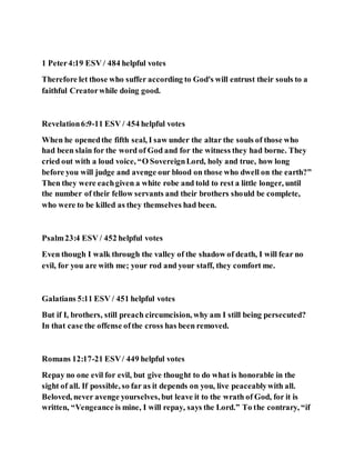 1 Peter4:19 ESV / 484 helpful votes
Therefore let those who suffer according to God's will entrust their souls to a
faithful Creatorwhile doing good.
Revelation6:9-11 ESV / 454 helpful votes
When he openedthe fifth seal, I saw under the altar the souls of those who
had been slain for the word of God and for the witness they had borne. They
cried out with a loud voice, “O SovereignLord, holy and true, how long
before you will judge and avenge our blood on those who dwell on the earth?”
Then they were eachgiven a white robe and told to rest a little longer, until
the number of their fellow servants and their brothers should be complete,
who were to be killed as they themselves had been.
Psalm23:4 ESV / 452 helpful votes
Even though I walk through the valley of the shadow of death, I will fear no
evil, for you are with me; your rod and your staff, they comfort me.
Galatians 5:11 ESV / 451 helpful votes
But if I, brothers, still preach circumcision, why am I still being persecuted?
In that case the offense ofthe cross has been removed.
Romans 12:17-21 ESV/ 449 helpful votes
Repay no one evil for evil, but give thought to do what is honorable in the
sight of all. If possible, so far as it depends on you, live peaceablywith all.
Beloved, never avenge yourselves, but leave it to the wrath of God, for it is
written, “Vengeance is mine, I will repay, says the Lord.” To the contrary, “if
 