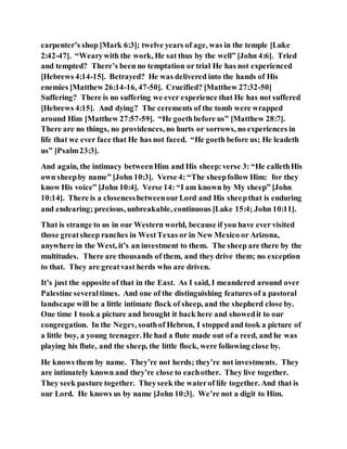 carpenter’s shop [Mark 6:3]; twelve years of age, was in the temple [Luke
2:42-47]. “Wearywith the work, He sat thus by the well” [John 4:6]. Tried
and tempted? There’s been no temptation or trial He has not experienced
[Hebrews 4:14-15]. Betrayed? He was delivered into the hands of His
enemies [Matthew 26:14-16, 47-50]. Crucified? [Matthew 27:32-50]
Suffering? There is no suffering we ever experience that He has not suffered
[Hebrews 4:15]. And dying? The cerements of the tomb were wrapped
around Him [Matthew 27:57-59]. “He goethbefore us” [Matthew 28:7].
There are no things, no providences, no hurts or sorrows, no experiences in
life that we ever face that He has not faced. “He goeth before us; He leadeth
us” [Psalm23:3].
And again, the intimacy betweenHim and His sheep:verse 3: “He callethHis
own sheepby name” [John 10:3]. Verse 4: “The sheepfollow Him: for they
know His voice” [John 10:4]. Verse 14: “I am known by My sheep” [John
10:14]. There is a closenessbetweenourLord and His sheepthat is enduring
and endearing; precious, unbreakable, continuous [Luke 15:4; John 10:11].
That is strange to us in our Western world, because if you have ever visited
those greatsheep ranches in WestTexas or in New Mexico or Arizona,
anywhere in the West, it’s an investment to them. The sheep are there by the
multitudes. There are thousands of them, and they drive them; no exception
to that. They are greatvast herds who are driven.
It’s just the opposite of that in the East. As I said, I meandered around over
Palestine severaltimes. And one of the distinguishing features of a pastoral
landscape will be a little intimate flock of sheep, and the shepherd close by.
One time I took a picture and brought it back here and showedit to our
congregation. In the Negev, southof Hebron, I stopped and took a picture of
a little boy, a young teenager. He had a flute made out of a reed, and he was
playing his flute, and the sheep, the little flock, were following close by.
He knows them by name. They’re not herds; they’re not investments. They
are intimately known and they’re close to eachother. They live together.
They seek pasture together. Theyseek the waterof life together. And that is
our Lord. He knows us by name [John 10:3]. We’re not a digit to Him.
 