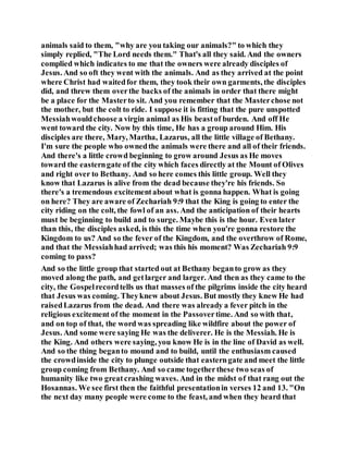 animals said to them, "why are you taking our animals?" to which they
simply replied, "The Lord needs them." That's all they said. And the owners
complied which indicates to me that the owners were already disciples of
Jesus. And so oft they went with the animals. And as they arrived at the point
where Christ had waitedfor them, they took their own garments, the disciples
did, and threw them overthe backs of the animals in order that there might
be a place for the Masterto sit. And you remember that the Masterchose not
the mother, but the colt to ride. I suppose it is fitting that the pure unspotted
Messiahwouldchoose a virgin animal as His beastof burden. And off He
went toward the city. Now by this time, He has a group around Him. His
disciples are there, Mary, Martha, Lazarus, all the little village of Bethany.
I'm sure the people who ownedthe animals were there and all of their friends.
And there's a little crowd beginning to grow around Jesus as He moves
toward the easterngate of the city which faces directly at the Mount of Olives
and right over to Bethany. And so here comes this little group. Well they
know that Lazarus is alive from the dead because they're his friends. So
there's a tremendous excitementabout what is gonna happen. What is going
on here? They are aware of Zechariah 9:9 that the King is going to enter the
city riding on the colt, the fowl of an ass. And the anticipation of their hearts
must be beginning to build and to surge. Maybe this is the hour. Even later
than this, the disciples asked, is this the time when you're gonna restore the
Kingdom to us? And so the fever of the Kingdom, and the overthrow of Rome,
and that the Messiahhad arrived; was this his moment? Was Zechariah 9:9
coming to pass?
And so the little group that started out at Bethany beganto grow as they
moved along the path, and getlarger and larger. And then as they came to the
city, the Gospelrecordtells us that masses of the pilgrims inside the city heard
that Jesus was coming. Theyknew about Jesus. But mostly they knew He had
raisedLazarus from the dead. And there was already a fever pitch in the
religious excitement of the moment in the Passovertime. And so with that,
and on top of that, the word was spreading like wildfire about the power of
Jesus. And some were saying He was the deliverer. He is the Messiah. He is
the King. And others were saying, you know He is in the line of David as well.
And so the thing beganto mound and to build, until the enthusiasm caused
the crowdinside the city to plunge outside that easterngate and meet the little
group coming from Bethany. And so came togetherthese two seas of
humanity like two greatcrashing waves. And in the midst of that rang out the
Hosannas. We see first then the faithful presentationin verses 12 and 13. "On
the next day many people were come to the feast, and when they heard that
 