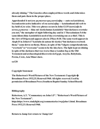 already shining.” The Gnostics often employed these words and John takes
them and puts them in the proper place.
Apprehended it not (ινα μη σκοτια υμας καταλαβηι — auto ou katelaben).
Secondaoristactive indicative of ινα καταλαβηι — katalambanō old verb to
lay hold of, to seize. This very phrase occurs in John 12:35 (κατελαβεδε
αυτους η σκοτια — hina mē skotia humas katalabēi) “that darkness overtake
you not,” the metaphor of night following day and in 1 Thessalonians 5:4 the
same idiom (hina katalabēi)is used of day overtaking one as a thief. This is
the view of Origenand appears also in 2Macc 8:18. The same word appears in
Aleph D in John 6:17 katelabe de autous hē skotia (“but darkness overtook
them,” came down on them). Hence, in spite of the Vulgate comprehenderunt,
“overtook”or“overcame” seems to be the idea here. The light kept on shining
in spite of the darkness that was worse than a London fog as the Old
Testamentand archaeologicaldiscoveriesin Egypt, Assyria, Babylonia,
Persia, Crete, Asia Minor show.
sa120
Copyright Statement
The Robertson's WordPictures of the New Testament. Copyright �
Broadman Press 1932,33,Renewal1960. All rights reserved. Used by
permission of Broadman Press (Southern BaptistSunday SchoolBoard)
Bibliography
Robertson, A.T. "Commentary on John 1:5". "Robertson's WordPictures of
the New Testament".
https:https://www.studylight.org/commentaries/rwp/john-1.html. Broadman
Press 1932,33. Renewal1960.
Return to Jump List return to 'Jump List'
 