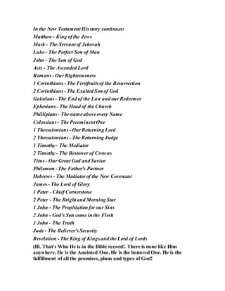 In the New TestamentHisstory continues:
Matthew - King of the Jews
Mark - The Servantof Jehovah
Luke- The Perfect Son of Man
John - The Son of God
Acts - The Ascended Lord
Romans- Our Righteousness
1 Corinthians - The Firstfruitsof the Resurrection
2 Corinthians- The Exalted Son of God
Galatians- The End of the Law and our Redeemer
Ephesians- The Head of the Church
Phillipians - The nameaboveevery Name
Colossians- The PreeminentOne
1 Thessalonians - OurReturning Lord
2 Thessalonians - The Returning Judge
1 Timothy- The Mediator
2 Timothy- The Bestower of Crowns
Titus- Our Great God and Savior
Philemon -The Father's Partner
Hebrews- The Mediatorof the New Covenant
James- The Lord of Glory
1 Peter - Chief Cornerstone
2 Peter - The Brightand Morning Star
1 John - The Propitiation for our Sins
2 John - God's Son come in the Flesh
3 John - The Truth
Jude- The Believer'sSecurity
Revelation - The King of Kingsand the Lord of Lords
(Ill. That's Who He is in the Bible record!. There is none like Him
anywhere. He is the Anointed One, He is the honored One. He is the
fulfillment of all the promises, plans and types of God!
 