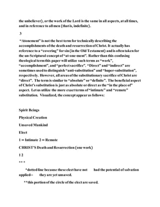 the unbeliever), orthe work ofthe Lord is the same in all aspects, atalltimes,
and in reference to allmen (thatis, indefinite).
3
“Atonement” is not the best term for technicallydescribing the
accomplishments ofthe deathand resurrectionofChrist. It actuallyhas
reference to a “covering” forsin(inthe Old Testament) andis oftentakenfor
the un-Scriptural conceptof“at-one-ment”. Ratherthan this confusing
theological termthis paperwill utilize such terms as “work”,
“accomplishment”, and“perfect sacrifice”. “Direct” and“indirect” are
sometimes usedto distinguish “anti-substitution” and “huper-substitution”,
respectively. However, allareasofthe substitutionary sacrifice ofChristare
“direct”. The term is similar to “absolute” or“definite”. The beneficial aspect
of Christ’s substitution is just as absolute ordirect as the “in the place of”
aspect. Letus utilize the more exactterms of“intimate” and “remote”
substitution. Visualized, the conceptappearas follows:
Spirit Beings
Physical Creation
Unsaved Mankind
Elect
1 = Intimate 2 = Remote
CHRIST'S DeathandResurrection(one work)
1 2
** *
*dottedline because theseelecthave not had the potential of salvation
applied-- theyare yet unsaved.
**this portionof the circle ofthe electare saved.
 