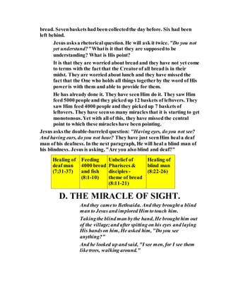 bread. Sevenbaskets had been collectedthe day before. Six had been
left behind.
Jesus asksa rhetorical question. He will ask it twice. "Do you not
yet understand?"Whatis it that they are supposedto be
understanding? What is His point?
It is that they are worried about bread and they have not yet come
to terms with the fact that the Creatorof all bread is in their
midst. They are worried about lunch and they have missed the
fact that the One who holds all things togetherby the word of His
poweris with them and able to provide for them.
He has already done it. They have seenHim do it. They saw Him
feed 5000 people and they picked up 12 baskets of leftovers. They
saw Him feed 4000 people and they pickedup 7 baskets of
leftovers. They have seenso many miracles that it is starting to get
monotonous. Yet with all of this, they have missed the central
point to which these miracles have been pointing.
Jesus asksthe double-barreled question: "Having eyes, do you not see?
And having ears, do you not hear? They have just seenHim heala deaf
man of his deafness. In the next paragraph, He will heal a blind man of
his blindness. Jesus is asking, "Are you also blind and deaf?"
Healing of
deaf man
(7:31-37)
Feeding
4000 bread
and fish
(8:1-10)
Unbelief of
Pharisees &
disciples -
theme of bread
(8:11-21)
Healing of
blind man
(8:22-26)
D. THE MIRACLE OF SIGHT.
And they cameto Bethsaida. And they brought a blind
man to Jesus and implored Him to touch him.
Takingthe blind man bythe hand, He brought him out
of the village;and after spitting on his eyes and laying
His handson him, He asked him, "Do you see
anything?"
And he looked up and said, "I see men, for I see them
liketrees, walking around."
 