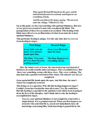 Then again Helaid Hishandson his eyes; and he
looked intentlyand wasrestored, and began to see
everything clearly.
And He sent him to his home, saying, "Do not even
enter the village."(Mark 8:22-26).
Up to this point, we have been dealing with spiritual blindness. But now
we are given an accountof a man who was physically blind. The
juxtaposition of these two accounts is no accident. This healing of the
blind man will serve as an illustration of what Jesus must do to heal
spiritual blindness.
This particular healing is unique. It is the only time that we ever see
Jesus healing in stages.
First Stage Second Stage
Jesus:Spits onto the
man’s eyes and lays
hands upon him.
Jesus:Lays His hands
upon the man.
The Man: "I see men,
for I see them liketrees,
walkingaround."
The Man: Beganto see
everything clearly.
After the initial work of Jesus, the man looked up and instead of
darkness, he could actually make out images. They resembled trees. But
there was something wrong with these trees. They were walking. The
man had only a partial restorationof his vision. The miracle was not yet
completed.
Jesus againlaid His hands upon the man. And this time, the man’s
vision was completely restored.
This brings us to a question. Why did this healing happen in stages?
Couldn’t Jesus have healedthe man all at once? Yes, He could have.
But this healing is a parallel to the spiritual work which Jesus is going to
do in the lives of the disciples. And I think that is why the healing is
accomplishedin stages.
You see, your spiritual blindness is not completely removed in a
single instant. It is a gradual removal. When you first begin to see
Jesus for who and what He is, you do not immediately have all
knowledge concerning Him. Such knowledge is gained bit by bit.
 