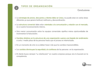 TIPOS DE ORGANIZACIÓN
 2
                                                                                  Conclusiones


• La estrategia de precios, descuentos y clientes debe ser única, no puede estar en varias áreas
  diferentes ya que genera lentitud, ineficacia y descoordinación.

• La estructura comercial debe estar orientada a la comunicación y relación con el mercado,
  no a nuestro funcionamiento interno
                              interno.

• Una menor comunicación entre los equipos comerciales significa menos oportunidades de
  incrementar la facturación.

• Cambios drásticos en la estructura de una organización supone una bajada de rendimiento
  a corto / medio plazo de las personas hasta que el proceso es interiorizado.

• En un momento de crisis no se deben hacer más que los cambios imprescindibles.

• Los cambios disminuyen la seguridad y la confianza de las personas en la organización.

• El cliente busca siempre “su interlocutor” en nuestra empresa porque sino lo buscará en la
  competencia.
 