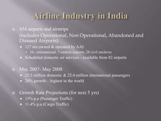 Airline Industry in India454 airports and airstrips 	(includes Operational, Non Operational, Abandoned and Disused Airports)127 are owned & operated by AAI16 - international, 7 custom airports, 28 civil enclavesScheduled domestic air services - available from 82 airportsMay 2007- May 200825.5 million domestic & 22.4 million international passengers20% growth – highest in the worldGrowth Rate Projections (for next 5 yrs)15% p.a (Passenger Traffic)11.4% p.a (Cargo Traffic)