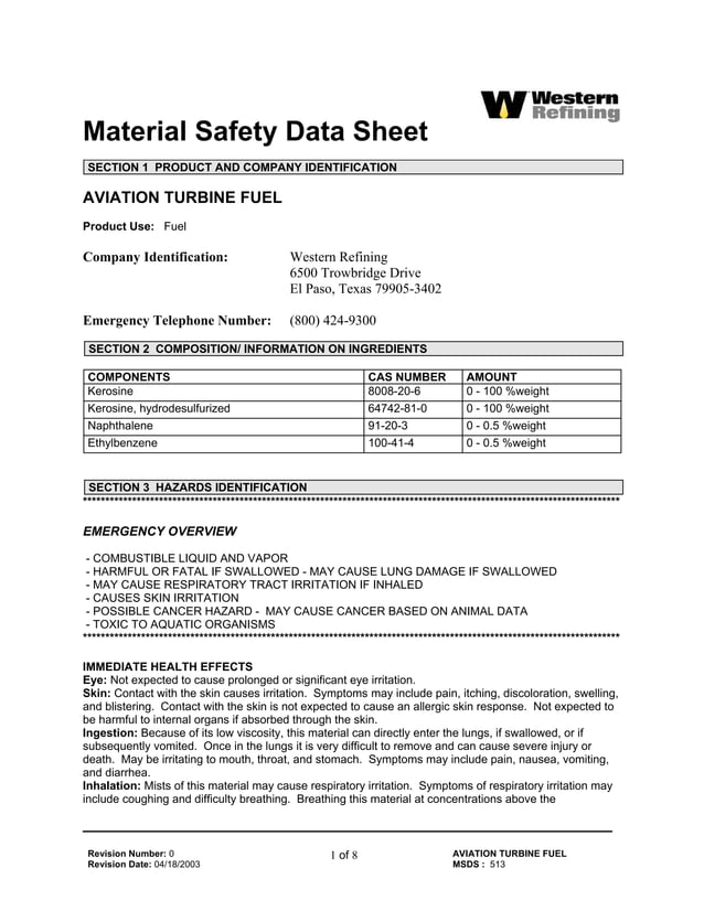 JetA with Prist Additive Safety Data Sheet