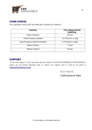 34
CRON STATUS
The updated status will be reflected (visible) as follows:-
Activity Time Required for
Updating
Order Creation 10 min
Product Status Update 2-3 Times in a day
Auto Inventory Synchronization 2-3 Times in a day
Return Status 1 hour
Product Status 6 hour
SUPPORT
If you need support or have questions directly related to JET-WOOCOMMERCE-INTEGRATION,
please use our Online Message form to contact our support team or send us an email at
support@cedcommerce.com
Best Regards,
CedCommerce Team
© CedCommerce. All Rights Reserved.
 