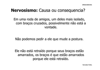 @RobertoBertolla




Nervosismo: Causa ou consequencia?

 Em uma roda de amigos, um deles mais isolado,
  com braços cruzados, possivelmente não está a
                    vontade.


 Não podemos pedir a ele que mude a postura.


 Ele não está retraído porque seus braços estão
   amarrados, os braços é que estão amarrados
             porque ele está retraído.
                                              Reinaldo Polito
 