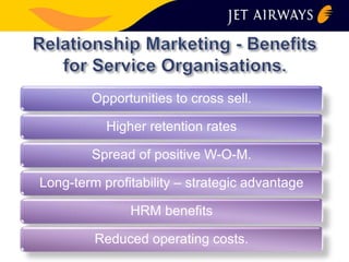 Opportunities to cross sell. 
Higher retention rates 
Spread of positive W-O-M. 
Long-term profitability – strategic advantage 
HRM benefits 
Reduced operating costs. 
 