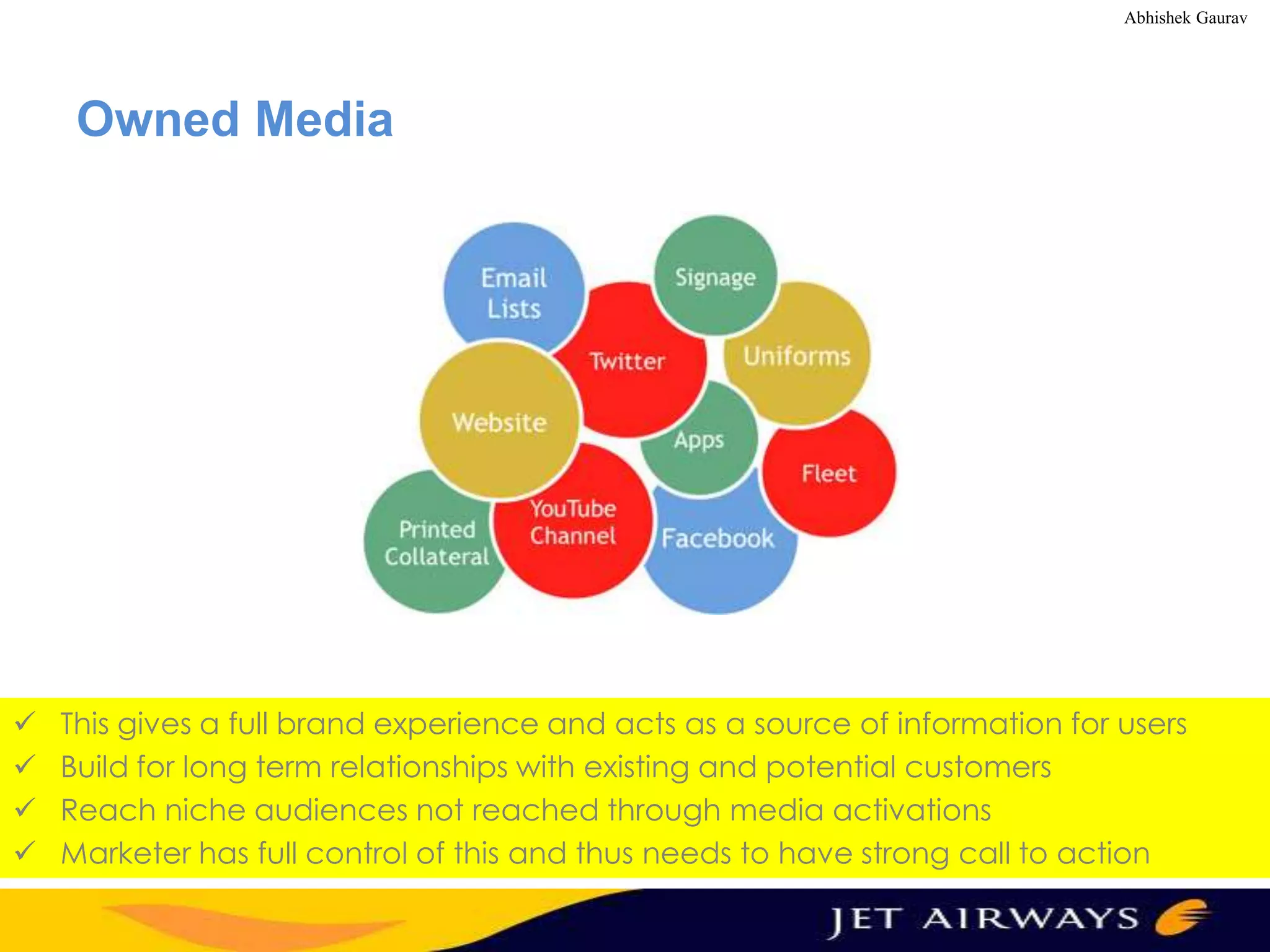 Abhishek Gaurav

Owned Media






This gives a full brand experience and acts as a source of information for users
Build for long term relationships with existing and potential customers
Reach niche audiences not reached through media activations
Marketer has full control of this and thus needs to have strong call to action

 