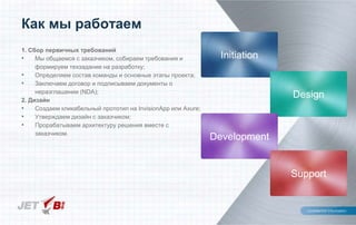 Как мы работаем
1. Сбор первичных требований
• Мы общаемся с заказчиком, собираем требования и
формируем техзадание на разработку;
• Определяем состав команды и основные этапы проекта;
• Заключаем договор и подписываем документы о
неразглашении (NDA);
2. Дизайн
• Создаем кликабельный прототип на InvisionApp или Axure;
• Утверждаем дизайн с заказчиком;
• Прорабатываем архитектуру решения вместе с
заказчиком.
Initiation
Design
Development
Support
 