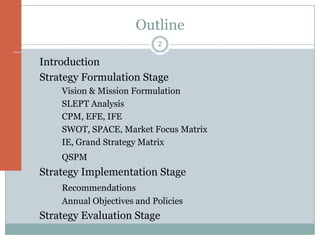 Outline
                           2

Introduction
Strategy Formulation Stage
    Vision & Mission Formulation
    SLEPT Analysis
    CPM, EFE, IFE
    SWOT, SPACE, Market Focus Matrix
    IE, Grand Strategy Matrix
    QSPM
Strategy Implementation Stage
    Recommendations
    Annual Objectives and Policies
Strategy Evaluation Stage
 
