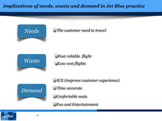 Implications of needs, wants and demand in Jet Blue practice
16
Needs
Wants
Demand
The customer need to travel
Fast reliable flight
ICE (improve customer experience)
Time accurate
Confortable seats
Fun and Entertainment
Low cost flights
 