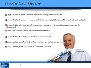 Introduction and History
3
1999 : Founder David Neeleman announces plans for his new airline
2000 :JetBlue launches operations with its inaugural flight between JFK and Fort Lauderdale, FL
2000 :JetBlue flies its one millionth customer and reports $100 million in flown revenue for
(December)
2001 : JetBlue flies its two millionth customer (April)
2002 :JetBlue flies its five millionth customer (March)
2002 :JetBlue launches the TrueBlue customer appreciation program
2003 :JetBlue flies its 10 millionth customer (January)
 