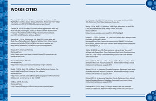 tt
WORKS CITED
Plautz, J. (2014, October 8). Woman denied boarding on JetBlue
flight after tweeting about delays. Mashable. Retrieved from http://
mashable.com/2014/10/08/jetblue-passenger-tweet/
Owram, K. (2014, October 7). Porter Airlines agreement with Jet-
Blue will give passengers access to dozens of new destinations.
Financial Post. Retrieved from http://business.financialpost.
com/2014/10/07/porter-airlines-jetblue/
Vlastelica, R. (2014, September 28). New CEO could send Jet-
Blue shares flying: Barron’s. Reuters. Retrived from http://www.
reuters.com/article/2014/09/28/us-usa-stocks-jetblue-air-
ways-idUSKCN0HN0UQ20140928?type=companyNews
Moat. 2014. American Airlines.
Retrieved from
http://www.moat.com/search/results?brand[0]=american+air-
lines&ad=6932976
Moat. (2014) Virgin Atlantic.
Retrieved from
http://www.moat.com/search/results?q=virgin+atlantic
Nudd, T. (2014, April 23). JetBlue’s Pigeon Reflects on Human Foi-
bles in Web Series From Funny or Die. Adweek.
Retrieved from
http://www.adweek.com/adfreak/jetblues-pigeon-reflects-human-
foibles-web-series-funny-or-die-157205
JetBlue. (2014). Awards.
Retrieved from
http://www.jetblue.com/about/ourcompany/awards.aspx
Ernsthausen, D. G. (2012). MarketLine advantage. JetBlue, 50(2),
255. Retrieved from http://ezproxy.ithaca.edu:
Marty. (2014, April 12). Hilarious SWA Flight Attendant In Mid Life
Crisis Must Meet Ellen and Jimmy Fallon. YouTube.
Retrieved from
https://www.youtube.com/watch?v=07LFBydGjaM
Levere, J. L. (2010, October 19). Low-cost carriers don’t always mean
cheapest flights. NBC News.
Retrieved from http://www.nbcnews.com/id/39689733/ns/trav-
el-business_travel/t/low-cost-carriers-dont-always-mean-cheapest-
fares/#.VFaiyvTF9_x
Tuttle, B. (2012, June 14). Top customer ratings to go“low-cost”
airlines with fewest fees. Time. Retrieved from http://business.time.
com/2012/06/14/top-customer-ratings-go-to-low-cost-airlines-
with-fewest-fees/
Mintel. (2014). Airlines — US — August 2014. Retrieved from Mint-
el Market Research Reports Database. Retrieved from http://store.
mintel.com/airlines-us-august-2014
Mintel. (2014). US Frequent Traveler Programs. Retrieved from Mint-
el Market Research Reports Database. Retrieved from http://store.
mintel.com/airlines-us-august-2014
Mintel. (2014). US Seasonal Vacation Trends. Retrieved from Mintel
Market Research Reports Database. Retrieved from http://store.
mintel.com/airlines-us-august-2014
Pawlowski, A. (2011, May 13). Why is America the‘no-vacation
nation’?. CNN Travel. Retrieved from http://www.cnn.com/2011/
 