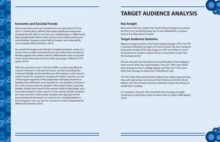 tt
Airline operating revenue is projected to increase about 52% by
2019. In recent years, airlines have made significant revenue for
charging fees for add-on services (e.g. checked bags, in-flight food).
Most people book airfare online and are most influenced by price
and schedule. However, about half of travelers are impacted by
service quality (Mintel Airlines, 2014).
As a result of mergers and changes to loyalty programs, some cus-
tomers have trouble remembering the last airline they traveled on.
Mintel suggests that airlines need to differentiate more to provide
more memorable experiences for their passengers. (Mintel US Fre-
quent, 2014).
After the economic crisis in the late 2000s, vacation spending de-
creased. However, in the past few years, vacation spending has
increased. Middle-income families are still cautious, so the most lu-
crative market for vacations is people with higher incomes. As one
of the largest segments of the population (the baby boomers) is
heading into retirement, more people 55+ are traveling. Summer is
the most common time for people in the United States, especially
families. People who travel in the summer tend to take longer vaca-
tions than people in other seasons. In the spring and fall, vacations
are closer to home, while winter vacations are typically further
away. Besides family travel, it is common for unrelated adults to
travel together, but very rare for someone to travel independently
(Mintel US Seasonal, 2014).
Economic and Societal Trends
TARGET AUDIENCE ANALYSIS
Meet our target audience, the Trend-Setting Voyager (TSV). The TSV
is someone between the ages of 25 and 34 years old who vacations
frequently. People of this age range are 22% more likely to travel
for personal or vacation reasons three or more times a year than
the average person.
Persons who fall into the Heavy Personal/Vacation Travel category
have several other key characteristics. They are 120% more likely
than average to have a college degree and they are 119% more
likely than average to make over $100,000 per year.
The TSV make informed decisions before they make a big purchase,
they will read reviews and consult their friends and family. Never-
theless, the TSV will seek adventure and learn about new things to
satisfy their curiosity.
On vacations, they are 19% more likely than average to prefer
traveling to a destination they’ve never been to before (MRI Report,
2014).
Target Audience Statistics
We came to the key insight that Trend-Setting Voyagers are always
the first to try something new, be it a new destination, a unique
food or the latest phone model.
Key Insight
 