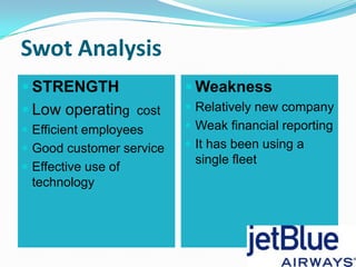 Swot Analysis
 STRENGTH                 Weakness
 Low operating cost       Relatively new company
 Efficient employees      Weak financial reporting
 Good customer service    It has been using a
                           single fleet
 Effective use of
 technology
 