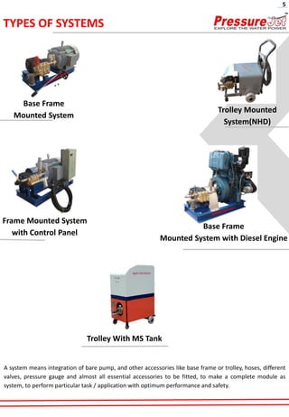 Base Frame
Mounted System
Frame Mounted System
with Control Panel
Trolley With MS Tank
TYPES OF SYSTEMS
A system means integration of bare pump, and other accessories like base frame or trolley, hoses, different
valves, pressure gauge and almost all essential accessories to be fitted, to make a complete module as
system, to perform particular task / application with optimum performance and safety.
Base Frame
Mounted System with Diesel Engine
5
Trolley Mounted
System(NHD)
 