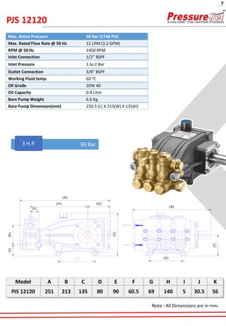 PJS 12120
(E)
(B)
(C)
(A)
(F)
(G)(H)
(I)
(J)(K)
Model A B C D E F G H I J K
PJS 12120 251 213 135 80 90 60.5 69 140 5 30.5 56
Note : All Dimensions are in mm.
Max. Rated Pressure 90 Bar (1740 PSI)
Max. Rated Flow Rate @ 50 Hz 12 LPM (3.2 GPM)
RPM @ 50 Hz 1450 RPM
Inlet Connection 1/2” BSPF
Inlet Pressure 1 to 2 Bar
Outlet Connection 3/8” BSPF
Working Fluid temp. 60 oC
Oil Grade 20W 40
Oil Capacity 0.4 Litre
Bare Pump Weight 6.6 Kg.
Bare Pump Dimension(mm) 250.5 (L) X 213(W) X 135(H)
90 Bar3 H.P.
7
 