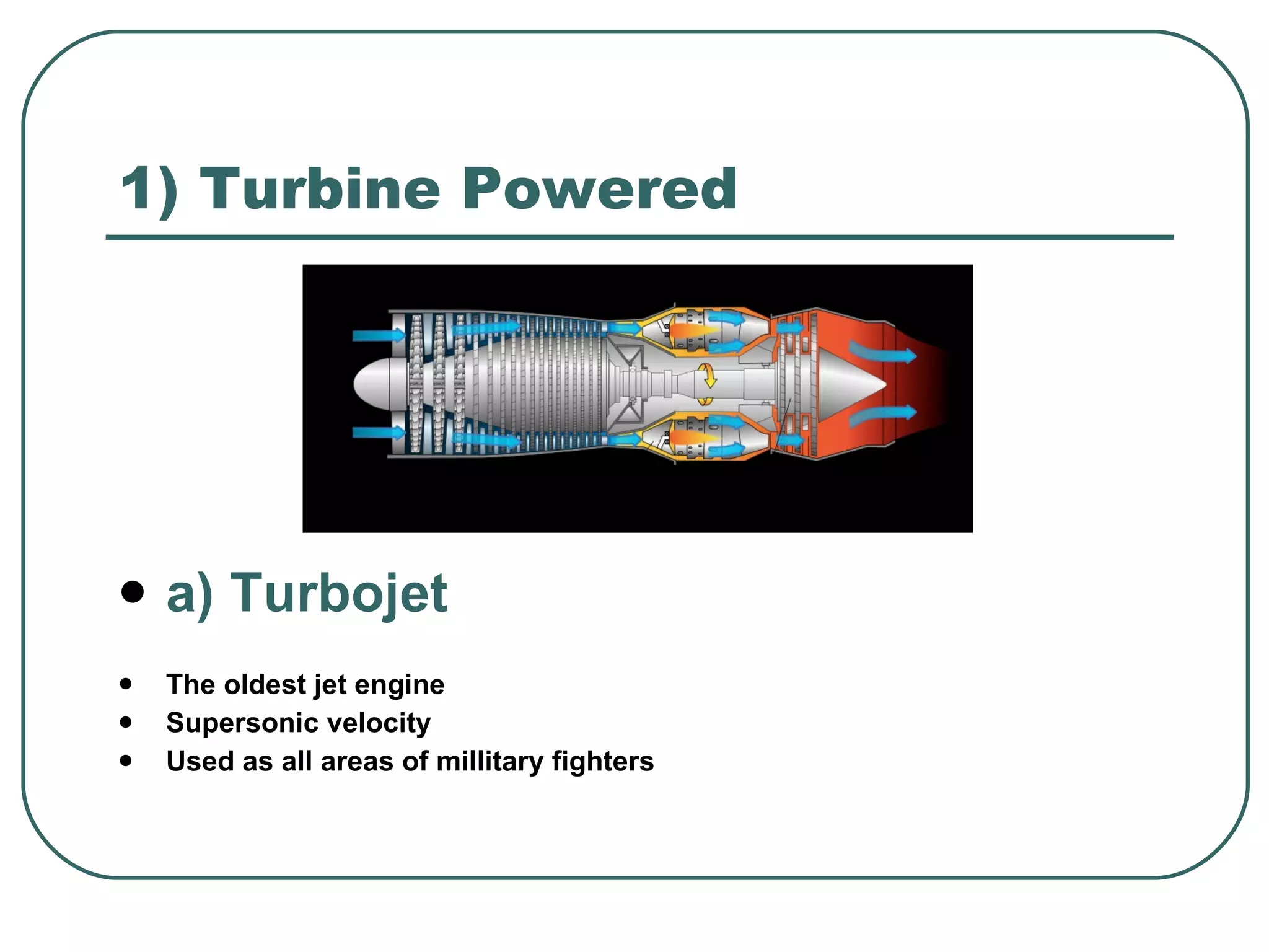 1) Turbine Powered a) Turbojet The oldest jet engine Supersonic velocity  U sed as all areas of millitary fighters 