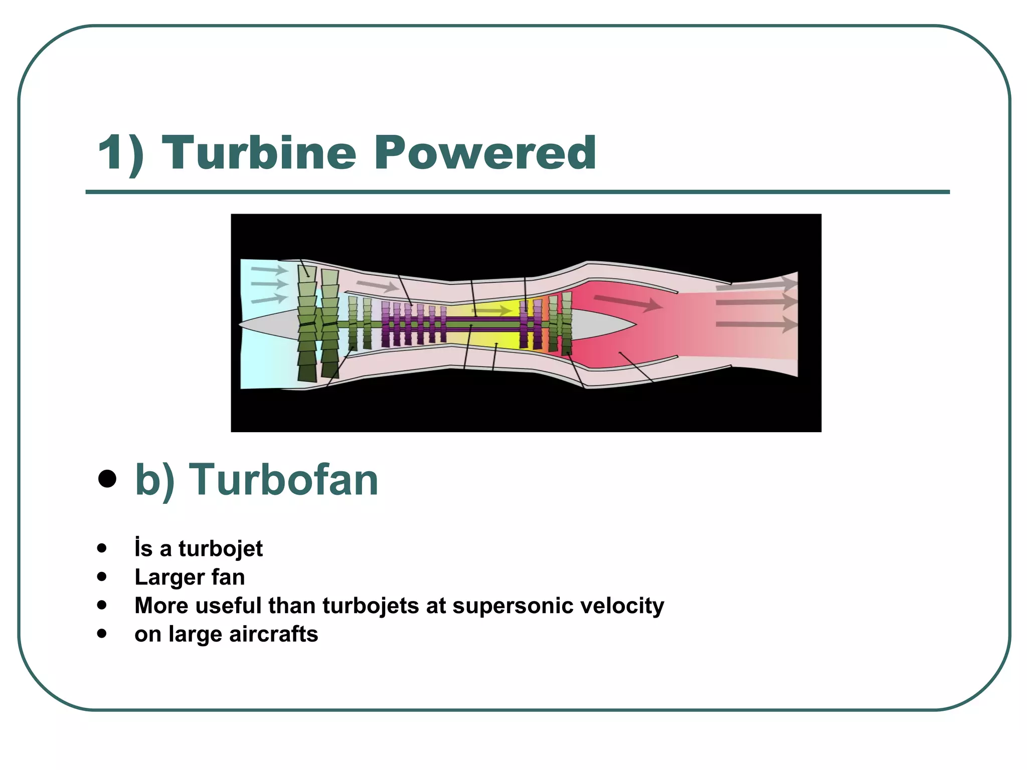 1) Turbine Powered b) Turbofan İs a turbojet Larger fan M ore useful than turbojets at supersonic velocity on large aircrafts 