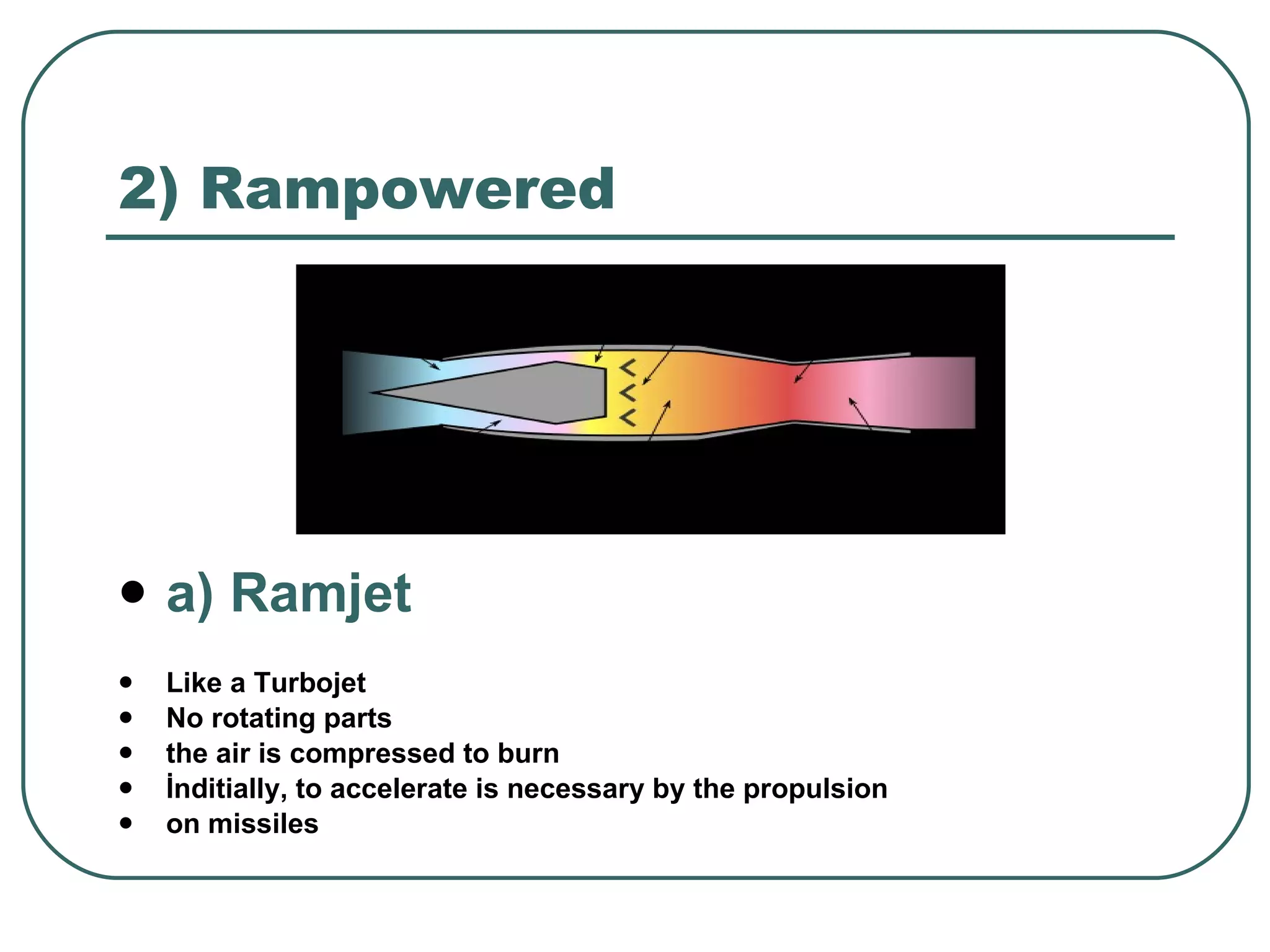 2) Rampowered a) Ramjet Like a Turbojet No rotating parts the air is compressed to burn İnditially,  to accelerate is necessary by the propulsion on missiles 