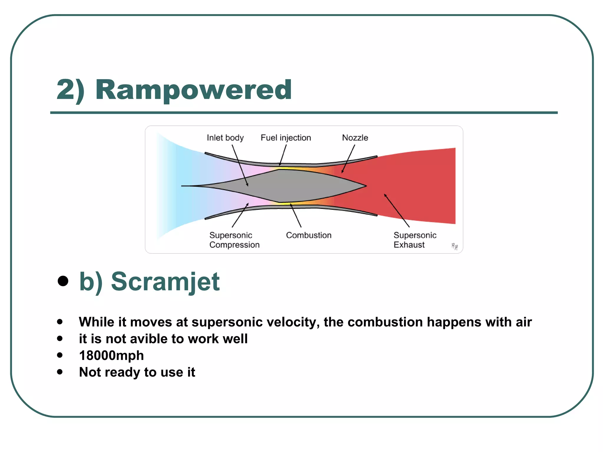2) Rampowered b) Scramjet While it moves at supersonic velocity, the combustion happens with air it is not avible to work well 18000mph Not ready to use it 