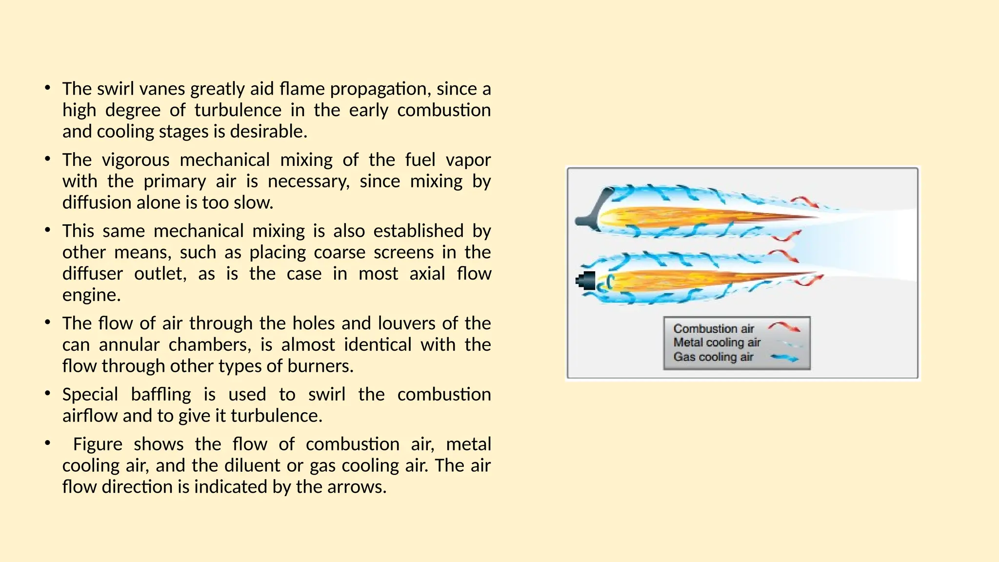 • The swirl vanes greatly aid ﬂame propagation, since a
high degree of turbulence in the early combustion
and cooling stages is desirable.
• The vigorous mechanical mixing of the fuel vapor
with the primary air is necessary, since mixing by
diffusion alone is too slow.
• This same mechanical mixing is also established by
other means, such as placing coarse screens in the
diffuser outlet, as is the case in most axial ﬂow
engine.
• The ﬂow of air through the holes and louvers of the
can annular chambers, is almost identical with the
ﬂow through other types of burners.
• Special bafﬂing is used to swirl the combustion
airﬂow and to give it turbulence.
• Figure shows the ﬂow of combustion air, metal
cooling air, and the diluent or gas cooling air. The air
ﬂow direction is indicated by the arrows.
 