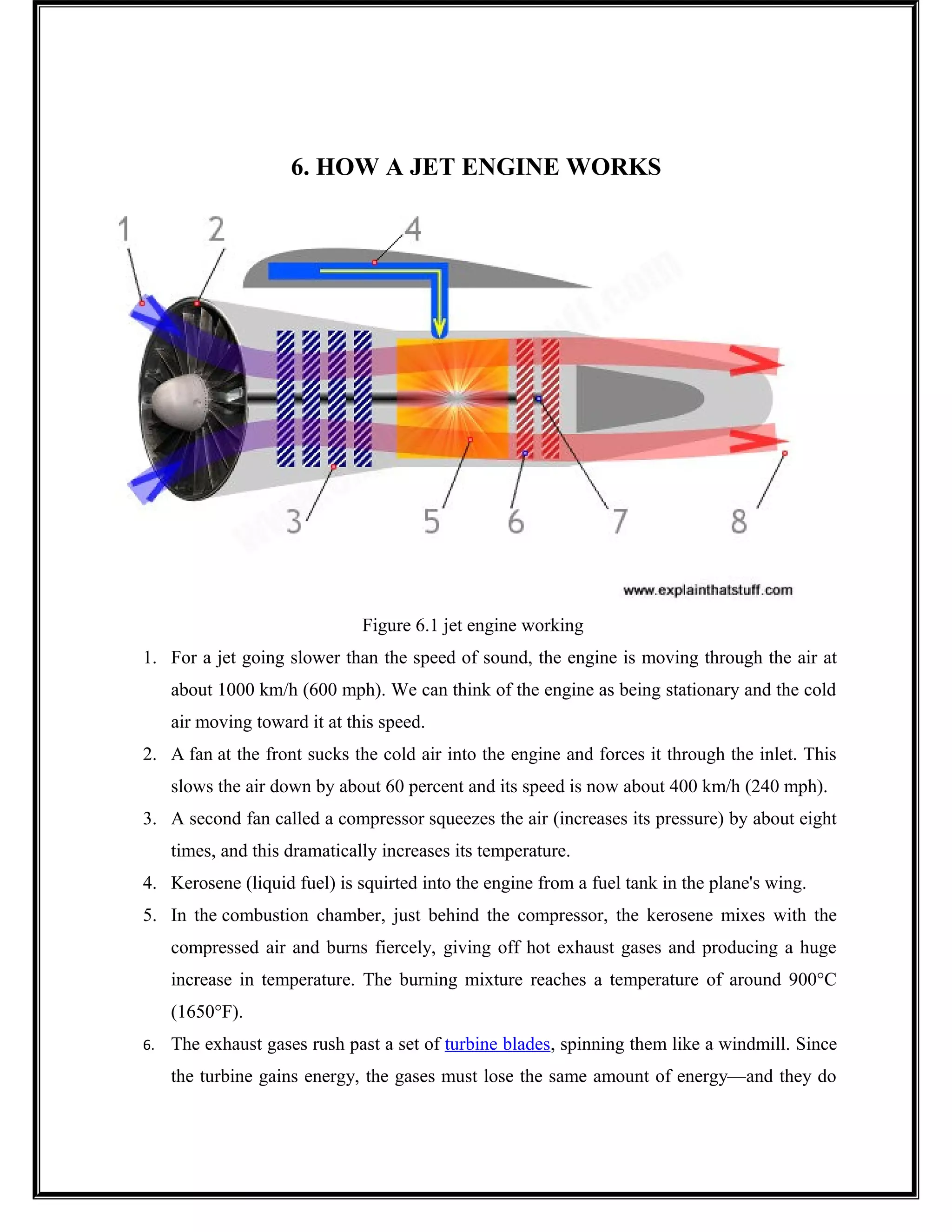 6. HOW A JET ENGINE WORKS
Figure 6.1 jet engine working
1. For a jet going slower than the speed of sound, the engine is moving through the air at
about 1000 km/h (600 mph). We can think of the engine as being stationary and the cold
air moving toward it at this speed.
2. A fan at the front sucks the cold air into the engine and forces it through the inlet. This
slows the air down by about 60 percent and its speed is now about 400 km/h (240 mph).
3. A second fan called a compressor squeezes the air (increases its pressure) by about eight
times, and this dramatically increases its temperature.
4. Kerosene (liquid fuel) is squirted into the engine from a fuel tank in the plane's wing.
5. In the combustion chamber, just behind the compressor, the kerosene mixes with the
compressed air and burns fiercely, giving off hot exhaust gases and producing a huge
increase in temperature. The burning mixture reaches a temperature of around 900°C
(1650°F).
6. The exhaust gases rush past a set of turbine blades, spinning them like a windmill. Since
the turbine gains energy, the gases must lose the same amount of energy—and they do
 