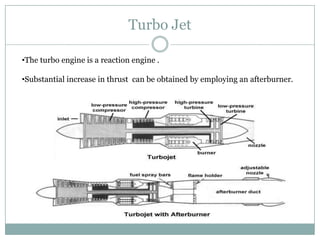 Turbo Jet

•The turbo engine is a reaction engine .

•Substantial increase in thrust can be obtained by employing an afterburner.
 
