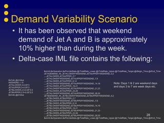 Demand Variability Scenario
   • It has been observed that weekend
     demand of Jet A and B is approximately
     10% higher than during the week.
   • Delta-case IML file contains the following:
                         &sUnit,&sOperation,&sPort,&sState,@rTotalRate_Lower,@rTotalRate_Upper,@rTotalRate_Target,@rBegin_Time,@rEnd_Time
                         JETADEMAND,,IN,,JETALOWER*WEEKEND,JETAUPPER*WEEKEND,,0,2
                         ,,,,JETALOWER,JETAUPPER,,2,7
                         ,,,,JETALOWER*WEEKEND,JETAUPPER*WEEKEND,,7,9
&sCalc,@sValue           ,,,,JETALOWER,JETAUPPER,,9,14
WEEKEND,1.10             ,,,,JETALOWER*WEEKEND,JETAUPPER*WEEKEND,,14,16                      Note: Days 1 & 2 are weekend days
JETALOWER,3-0.05*3       ,,,,JETALOWER,JETAUPPER,,16,21
JETAUPPER,3+0.05*3                                                                           and days 3 to 7 are week days etc.
                         ,,,,JETALOWER*WEEKEND,JETAUPPER*WEEKEND,,21,23
JETBLOWER,2.5-0.05*2.5   ,,,,JETALOWER,JETAUPPER,,23,28
JETBUPPER,2.5+0.05*2.5   ,,,,JETALOWER*WEEKEND,JETAUPPER*WEEKEND,,28,30
&sCalc,@sValue           JETBDEMAND,,IN,,JETBLOWER*WEEKEND,JETBUPPER*WEEKEND,,0,2
                         ,,,,JETBLOWER,JETBUPPER,,2,7
                         ,,,,JETBLOWER*WEEKEND,JETBUPPER*WEEKEND,,7,9
                         ,,,,JETBLOWER,JETBUPPER,,9,14
                         ,,,,JETBLOWER*WEEKEND,JETBUPPER*WEEKEND,,14,16
                         ,,,,JETBLOWER,JETBUPPER,,16,21
                         ,,,,JETBLOWER*WEEKEND,JETBUPPER*WEEKEND,,21,23
                         ,,,,JETBLOWER,JETBUPPER,,23,28
                         ,,,,JETBLOWER*WEEKEND,JETBUPPER*WEEKEND,,28,30                                                      28
                         &sUnit,&sOperation,&sPort,&sState,@rTotalRate_Lower,@rTotalRate_Upper,@rTotalRate_Target,@rBegin_Time,@rEnd_Time
 