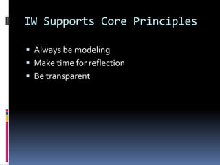 IW Supports Core Principles
 Always be modeling
 Make time for reflection
 Be transparent
 