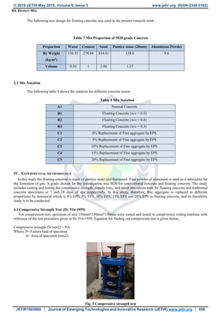 © 2019 JETIR May 2019, Volume 6, Issue 5 www.jetir.org (ISSN-2349-5162)
JETIR1905800 Journal of Emerging Technologies and Innovative Research (JETIR) www.jetir.org 550
III. DESIGN MIX
The following mix design for floating concrete was used in the present research work.
Table 7 Mix Proportion of M20 grade Concrete
3.1 Mix Notation
The following table 8 shows the notation for different concrete mixes.
Table 8 Mix Notation
A1 Normal Concrete
B1 Floating Concrete (w/c = 0.5)
B2 Floating Concrete (w/c = 0.4)
B3 Floating Concrete (w/c = 0.3)
C1 0% Replacement of Fine aggregate by EPS
C2 5% Replacement of Fine aggregate by EPS
C3 10% Replacement of Fine aggregate by EPS
C4 15% Replacement of Fine aggregate by EPS
C5 20% Replacement of Fine aggregate by EPS
IV. EXPERIMENTAL METHODOLOGY
In this study the floating concrete is made of pumice stone and thermocol. Fine powder of aluminum is used as a admixture for
the formation of gas. A grade chosen for the investigation was M20 for conventional concrete and floating concrete. The study
includes casting and testing the compressive strength, density tests, and water absorption tests for floating concrete and traditional
concrete specimens at 7 and 28 days of age respectively. In this study, therefore, fine aggregate is replaced in different
proportions by thermocol which is 0% EPS, 5% EPS, 10% EPS, 15% EPS and 20% EPS in floating concrete, and its feasibility
study is to be conducted.
4.1Compressive Strength Test (IS: 516-1959)
For compression test, specimen of size 150mm*150mm*150mm were casted and tested in compression testing machine with
reference of the test procedure given in IS: 516-1959. Equation for finding out compression test is given below,
Compressive strength (N/mm2) = P⁄∆
Where, P= Failure load of specimen
Δ= Area of specimen (mm2)
Fig. 5 Compressive strength test
Proportion Water Cement Sand Pumice stone (20mm) Aluminium Powder
By Weight
(kg/m3
)
136.53 278.84 834.81 158.6 9.6
Volume 0.50 1 2.86 1.27
 