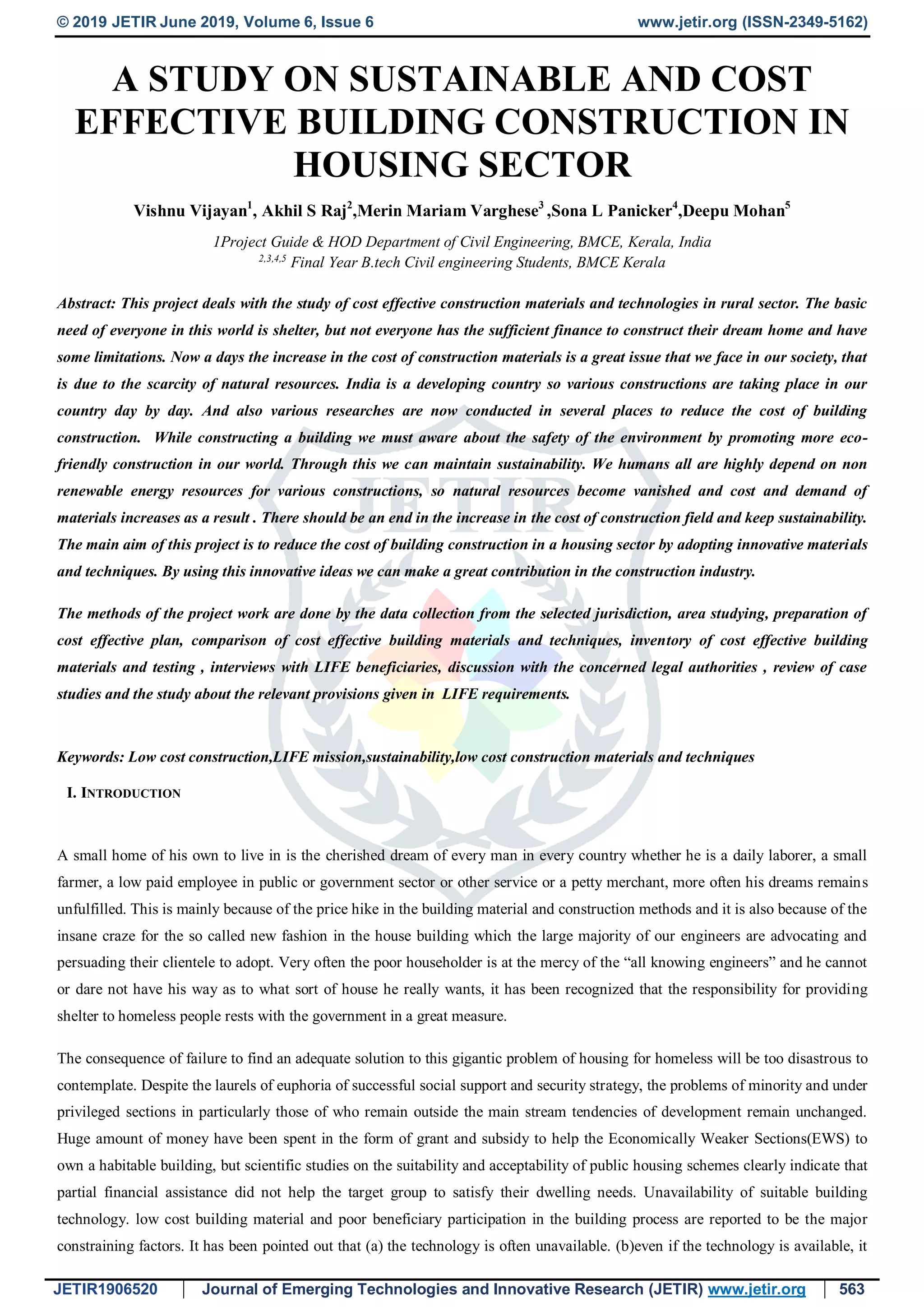 STUDY ON SUSTAINABLE AND COST EFFECTIVE BUILDING CONSTRUCTION IN