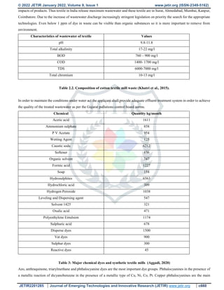 © 2022 JETIR January 2022, Volume 9, Issue 1 www.jetir.org (ISSN-2349-5162)
JETIR2201285 Journal of Emerging Technologies and Innovative Research (JETIR) www.jetir.org c660
impacts of products. Thus textile in India release maximum wastewater and these textile are in Surat, Ahmedabad, Mumbai, Kanpur,
Coimbatore. Due to the increase of wastewater discharge increasingly stringent legislation on priority the search for the appropriate
technologies. Even below 1 ppm of dye in waste can be visible than organic substances so it is more important to remove from
environment.
Characteristics of wastewater of textile Values
pH 9.8-11.8
Total alkalinity 17-22 mg/l
BOD 760 – 900 mg/l
COD 1400- 1700 mg/l
TDS 6000-7000 mg/l
Total chromium 10-13 mg/l
Table 2.2. Composition of cotton textile mill waste (Khatri et al., 2015).
In order to maintain the conditions under water act the applicant shall provide adequate effluent treatment system in order to achieve
the quality of the treated wastewater as per the Gujarat pollutions control board norms.
Chemical Quantity kg/month
Acetic acid 1611
Ammonium sulphate 858
P V Acetate 954
Wetting Agent 125
Caustic soda 6212
Softener 856
Organic solvent 247
Formic acid 1227
Soap 154
Hydrosulphites 6563
Hydrochloric acid 309
Hydrogen Peroxide 1038
Leveling and Dispersing agent 547
Solvent 1425 321
Oxalic acid 471
Polyesthylene Emulsion 1174
Sulphuric acid 678
Disperse dyes 1500
Vat dyes 900
Sulphur dyes 300
Reactive dyes 45
Table 3: Major chemical dyes and synthetic textile mills (Aggadi, 2020)
Azo, anthraquinone, triarylmethane and phthalocyanine dyes are the most important dye groups. Phthalocyanines in the presence of
a metallic reaction of dicyanobenzene in the presence of a metallic type of Cu, Ni, Co, Pt. Copper phthalocyanines are the main
 