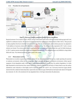 © 2022 JETIR January 2022, Volume 9, Issue 1 www.jetir.org (ISSN-2349-5162)
JETIR2201285 Journal of Emerging Technologies and Innovative Research (JETIR) www.jetir.org c663
2.1.2 Procedure for an Experiments:
Figure 1: Microwave solution combustion method with dye degradation
Required amounts of iron nitrate Fe (NO3)3.9H2O), mixture with divalent metal cation with fuel consisted reducing agent and it also
capable for combustion reaction. The amount of mixture calculated by stoichiometry relation listed in Table 4 above. Then proceed
to make propellent dissolved in distilled water for solubilizing. Only for mixture of fuels, pH of solution precursor was adjusted to
7 with addition of ammonia solution (NH4OH) under continuous stirring. The mixture slowly evaporated at 80 ◦C until a viscous
solution was formed. The mixture poured into a round bottom flask and heated until it transformed into a gel; by further heating up
to 250 ◦C, ignition reaction started from a point and propagated spontaneously. The combustion gases were bubbled in a large beaker
filled with water. The obtained powders by hand-crushed with a pestle.
2.1.3 Photocatalysts activity
Photocatalyst are recently recognized as promised products for dye degradation due to various uses, simple operating also operates
in moderate environments without due to various uses, simple operating also operates in miderate environments without special
equipment. In dye degradation under visible light as source and the metal ferrites in efficiency for catalytic degradation. In visible
light illumination excited electrons from valence band to the conduction band and the left holes at Valance band to react the surface
adsorbed by water molecules to form highly reactive hydroxyl radicals OH- and H+ ions. Conversely dissolved oxygen adsorbs
electron from the conduction band and produce superoxide anion radical oxygen. Both hydroxyl and superoxide radical will degrade
dye molecules. So, this is the mechanism for dye degradation here is the figure demonstrate the phenomena.
 