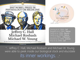 Zehring et al. (1984). Cell.
Bargiello et al. (1984). Nature.
Siwicki et al. (1988). Neuron.
Hardin et al. (1990). Nature.
Liu et al. (1992). J Neurosci.
Vosshall et al. (1994). Science.
Price et al. (1998). Cell.
“… Jeffrey C. Hall, Michael Rosbash and Michael W. Young
were able to peek inside our biological clock and elucidate
its inner workings. …”
 