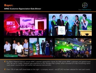 Bayer:
APAC Customer Appreciation Gala Dinner




  For Bayer Material Science‟s annual APAC customer appreciation dinner for their prime APAC customers and global brand
  VIP‟s, we had to create a bespoke gala experience at the Shanghai Ritz Carlton which consisted of a fully functioning casino
  room, seven course dinner and varied international entertainment.

  Over 15% of sales staff closed deals on the night – a company record – and JETLAG has been selected for next year‟s event.
 