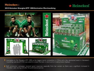Heineken :
2010 Heineken Shanghai ATP 1000 Activation Merchandising




 Leveraging on the Shanghai ATP 1000 as the biggest tennis competition in China and a key sponsored event in Heineken‟s
 marketing calendar, JETLAG was asked to create thematic in store and on trade product displays.

 Both production campaigns received good responses especially from bar owners as there was a significant increased in
 Heineken sales during and after the promotional period.
 