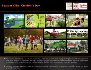 Seasons Villas’ Children’s Day




   For Season‟s Villas PHASE 1 launch JETLAG created a family day concept for to engage existing tenants and inspire potential
   ones, while adhering to government and safety standards Using the vast grounds to create various F&B, interactive games, sport
   activities and other zones, both parents and kids had a fun filled day which communicated the property‟s values.

   Increased awareness about the property and demonstrated the management‟s commitment to providing a safe, fun, family-
    oriented environment
 