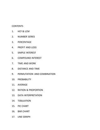 CONTENTS
1. HCF & LCM
2. NUMBER SERIES
3. PERCENTAGE
4. PROFIT AND LOSS
5. SIMPLE INTEREST
6. COMPOUND INTEREST
7. TIME AND WORK
8. DISTANCE AND TIME
9. PERMUTATION AND COMBINATION
10. PROBABILITY
11. AVERAGE
12. RATION & PROPORTION
13. DATA INTERPRETATION
14. TEBULATION
15. PIE CHART
16. BAR CHART
17. LINE GRAPH
 