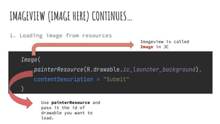 IMAGEVIEW (IMAGE HERE) CONTINUES…
1. Loading image from resources
Use painterResource and
pass it the id of
drawable you want to
load.
Imageview is called
Image in JC
 