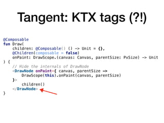 Tangent: KTX tags (?!)
@Composable
fun Draw(
children: @Composable() () -> Unit = {},
@Children(composable = false)
onPaint: DrawScope.(canvas: Canvas, parentSize: PxSize) -> Unit
) {
// Hide the internals of DrawNode
<DrawNode onPaint={ canvas, parentSize ->
DrawScope(this).onPaint(canvas, parentSize)
}>
children()
</DrawNode>
}
 