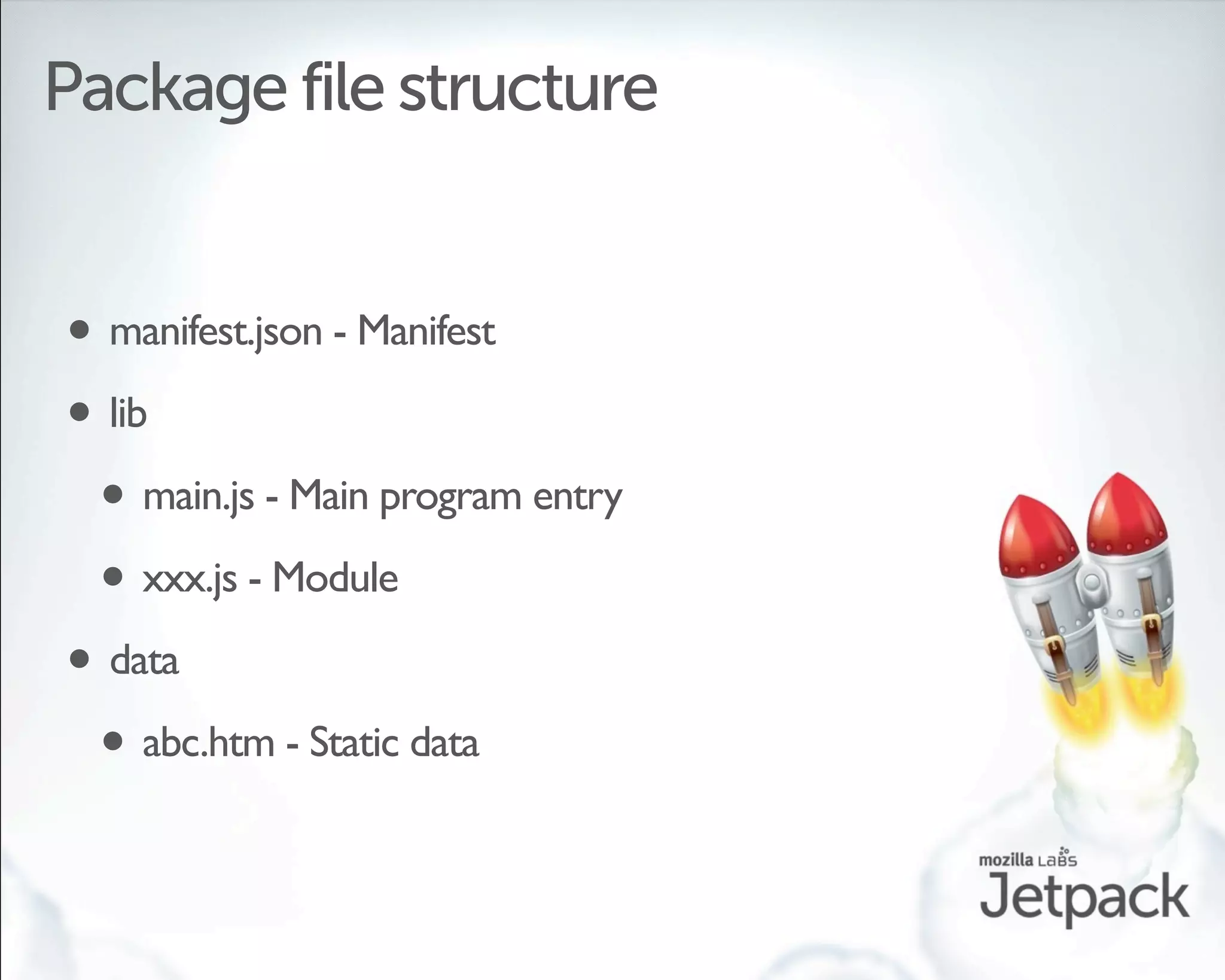Package file structure


• manifest.json - Manifest
• lib
 • main.js - Main program entry
 • xxx.js - Module
• data
 • abc.htm - Static data
 